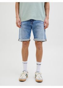 Jack & Jones Shorts JACK & JONES "JJIORIGINAL mit stylischem Aufschlag und Knopf", Damen, Gr. XS, N-Gr, blau denim pack:am 364, Web, Obermaterial: 98% Baumwolle, 2% Elasthan, unifarben, regular fit kniefrei, Hosen Shorts, mit stylischem Aufschlag