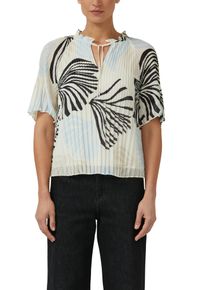 Plisseebluse s.Oliver BLACK LABEL, Damen, Gr. 48, ecru aop, Obermaterial: 100% Polyester, bedruckt, h&uuml;ftlang, Rundhals, Blusen Plisseebluse, leicht ausgestellte 3/4-&Auml;rmel, mit Schleife am Ausschnitt