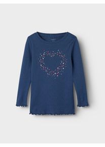 Longtop name it "NMFNIMMA LS SLIM TOP", M&auml;dchen, Gr. 92, blau (blau indigo), Jersey, Obermaterial: 100% Baumwolle, bedruckt, slim fit normal, Rundhals, Tops Longtop