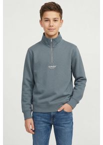 Jack & Jones Sweatshirt JACK & JONES JUNIOR "JJESOHO SWEAT QUARTER ZIP HN NOOS JNR", Jungen, Gr. 176, blau mirage, angeraute Sweatware, Obermaterial: 80% Baumwolle, 20% Polyester, bedruckt, relaxed fit normal, hoch geschlossener Ausschnitt, Rippb&uuml;ndchen, Sweatshirts Sweatshirt