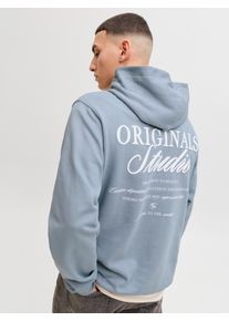 Jack & Jones Kapuzensweatshirt JACK & JONES "JORNORREBRO TYPO BACK SWEAT HOOD SN", Herren, Gr. M, tradewinds detail:ss26, angeraute Sweatware, Obermaterial: 89% Baumwolle, 11% Polyester, bedruckt, relaxed fit normal, ohne Ausschnitt, Rippb&uuml;ndchen, Sweatshirts Kapuzensweatshirt, mit Print