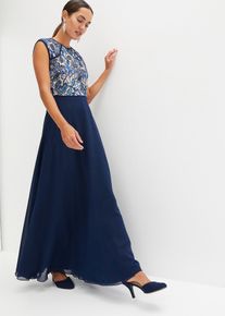 bonprix Maxikleid mit Spitze, blau, Gr.36/38 (S), Elegantes Abendkleid mit mehrfarbiger Spitze im Oberteil und dekorativen Kontrast-Paspeln
