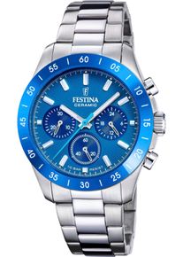 Chronograph Festina "Ceramic", silber (silberfarben, blau), Armbanduhren, Damen, Chronograph, Quarzuhr, Armbanduhr, Damen, Herren, Edelstahlarmband, Keramikl&uuml;nette