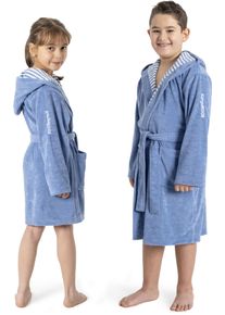 Kinderbademantel Kangaroos "Dalia, Ideal f&uuml;r Zuhause, Schwimmbad oder im Urlaub" Gr. 140, blau, L:91cm, Veloursfrottier, Hausm&auml;ntel, Kinderbademantel, Uni-Farben mit Streifen