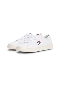 Plateausneaker Tommy Jeans "TJW LIGHTWEIGHT COURT SNEAKER", Damen, Gr. 40, wei&szlig;, Leder, unifarben mit Farbeinsatz, Schuhe Plateausneaker, Freizeitschuh, Halbschuh, Schn&uuml;rschuh mit plakativer Logoflag