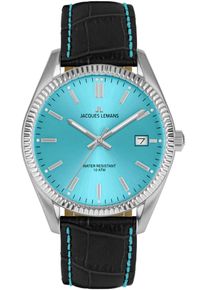 Quarzuhr Jacques Lemans "Derby", schwarz (schwarz, hellblau), Armbanduhren, Damen, Quarzuhr, Armbanduhr, Herrenuhr, Damenuhr, Lederarmband, Datum