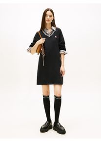 Minikleid Tommy Jeans "TJW BADGE SWEATER DRESS EXT", Damen, Gr. XS (34), N-Gr, schwarz, Strick, Obermaterial: 100% Baumwolle, unifarben mit Farbeinsatz, regular fit, V-Ausschnitt, Kleider Minikleid