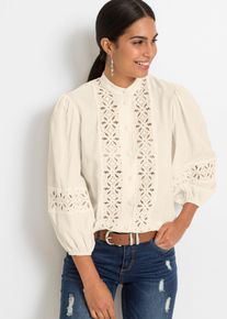 bonprix Bluse mit Spitze aus softem Viskose-Mix, wei&szlig;, Gr.54, Verspielte Bluse mit Spitze und Puff-&Auml;rmeln., aus Viskose