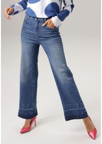 Straight-Jeans Aniston CASUAL, Damen, Gr. 46, N-Gr, blau (dunkelblau used), Denim/Jeans, Obermaterial: 87% Baumwolle, 11% Polyester, 2% Elasthan, Abriebeffekte, figurumspielend kn&ouml;chelfrei, Jeans Straight-Jeans, mit trendiger Waschung am leicht ausgefranstem Saum