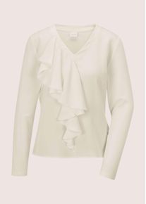 Madeleine Mode Langarmbluse MADELEINE "Volantbluse Elegante Seidenbluse mit V-Ausschnitt", Damen, Gr. 44, wei&szlig; (wollwei&szlig;), Obermaterial: 95% Viskose CV. 5% Elasthan EL., Modern, Blusen Langarmbluse