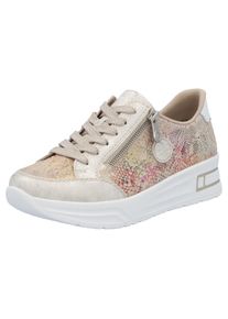 Plateausneaker Rieker, Damen, Gr. 43, bunt (beige multi), Leder, Lederimitat, metallic, Schuhe Plateausneaker, Freizeitschuh, Schn&uuml;rschuh, Halbschuh mit dezentem Goldschimmer
