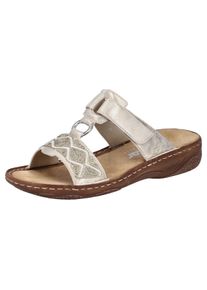 Pantolette Rieker, Damen, Gr. 36, beige (hellbeige), Lederimitat, metallic, Schuhe Pantolette, Sommerschuh, Strandschuh, Schlappen, Urlaubschuh mit Klettverschluss