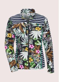 Madeleine Mode Langarmshirt MADELEINE "Shirtjacke Florale Baumwoll-Jacke mit Streifen, Langarm", Damen, Gr. 42, blau (marine, wei&szlig;, multicolor), Obermaterial: 95% Baumwolle CO. 5% Elasthan EL., Modern, Shirts Langarmshirt, Rei&szlig;verschluss