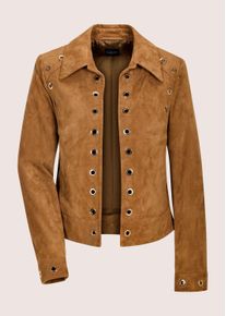 Madeleine Mode Jeansjacke MADELEINE "Lederjacke Kurzjacke mit &Ouml;sendetails", Damen, Gr. 34, beige (macchiato), Obermaterial: 100% Ziegenveloursleder GOVL., Modern, gerade, Jacken Jeansjacke, Gl&auml;nzende &Ouml;sendetails