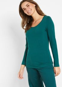 Langarmshirt bonprix, Damen, Gr. 32/34 (XS), blau (petrolgr&uuml;n), Jersey, Obermaterial: 95% Baumwolle, 5% Elasthan, unifarben, eng normal, Rundhals, gerader Abschluss, Shirts Langarmshirt, eng anliegende Passform, mit Rundhalsausschnitt, mit Doppeln&auml;hten