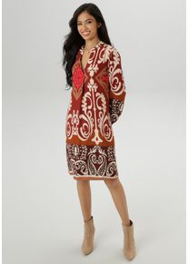 Blusenkleid Aniston SELECTED, Damen, Gr. 44, N-Gr, rot (bordeaux, braun, rot, camel, beige), Web, Obermaterial: 100% Viskose, bedruckt, gemustert, figurumspielend kniefrei, V-Ausschnitt, Kleider Blusenkleid, mit Ornament-Druck Allover