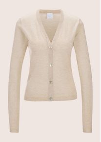 Madeleine Mode Strickjacke MADELEINE "Strickjacke Elegante Jacke mit Glanzeffekten", Damen, Gr. 48, grau (kiesel, goldfarben), Obermaterial: 42% Polyester PES. 28% Wolle mw. 19% Polyacryl PAN. 6% metallisierte Fasern MTF. 5% Polyamid PA., Modern, Strickjacken Strickjacke, Mit edlen Glanzeffekten