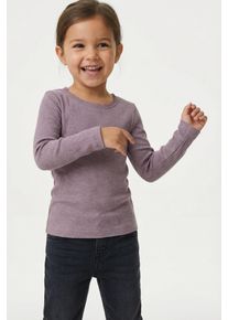 Langarmshirt name it "NMFKAB LS TOP NOOS", M&auml;dchen, Gr. 116, lila (elderberry), Feinripp, Obermaterial: 57% Baumwolle, 38% Modal, 5% Elasthan, meliert, unifarben, regular fit h&uuml;ftbedeckend, Rundhals, abgesteppte Kante, Shirts Langarmshirt, in Feinripp und mit s&uuml;&szlig;er Spitzenkante am Ausschnitt