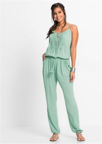 bonprix Jumpsuit aus strukturierter Viskose, gr&uuml;n, Gr.50, &Auml;rmelloser Jumpsuit mit Spitze und Kordeldetail, aus Viskose