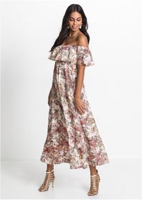 bonprix Carmen-Kleid aus flie&szlig;ender Viskose, beige, Gr.46, Charmantes Carmen-Kleid mit gro&szlig;em Volant und betonter Taille, aus Viskose