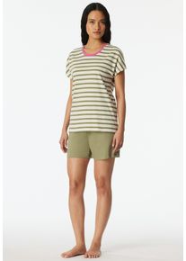 Shorty Schiesser "Casual Essentials", Damen, Gr. 42, 108, wei&szlig;, Single Jersey, Obermaterial: 100% Baumwolle, Basic kurz, Rundhals, Homewear-Sets Shorty, mit unifarbenem Shirt und gestreifter Hose