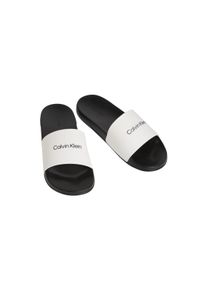 Badepantolette Calvin Klein "ESS SLIDE MONOBRAND CV", Gr. 43, schwarz, wei&szlig;, Synthetik, unifarben, Basic, Schuhe Badepantolette, Strandschuh, Pool Slides, Flat, Sommerschuh, Pantolette mit Logo