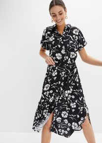 Blusenkleid bonprix, Damen, Gr. 48, N-Gr, schwarz, wei&szlig; floral, Web, Obermaterial: 100% Viskose, loose fit, Kleider Blusenkleid, feminin geschnitten, mit Hemdblusenkragen, Kurzarm, mit Bindeband
