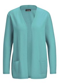 Strickjacke GOLDNER "Kurzgr&ouml;&szlig;e Cardigan in langer offener Form", Damen, Gr. 24, blau (aqua), Obermaterial: 100% Kaschmir WS., figurumspielend, Rippe, Pullover Strickjacke, Aufwendig in Form gestrickt