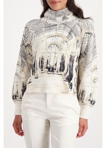 Strickpullover monari "Pullover Gallery allover", Damen, Gr. 42, almond gem, Strick, Obermaterial: 56% Baumwolle, 37% Polyacryl, 7% metallisierte Fasern, gemustert, mehrfarbig, regular fit taillenbedeckt, Rundhals, eingesetzt Rippb&uuml;ndchen, Pullover Strickpullover, Regular fit mit Stehkragen