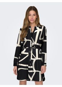 Druckkleid Only "ONLCORY LIFE L/S V-NECK TUNIC WVN NOOS", Damen, Gr. XS, N-Gr, schwarz (schwarz aop:birch logo), Web, Obermaterial: 100% Polyester, bedruckt, kurz, V-Ausschnitt, Kleider Druckkleid, Sommerkleid mit Tailleng&uuml;rtel