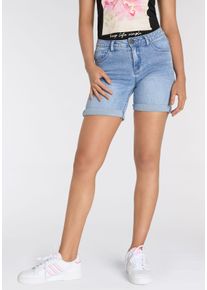 Jeansshorts Arizona "Ultra-Stretch", Damen, Gr. 50, N-Gr, blau (bleached), Jeans, Obermaterial: 74% Baumwolle, 24% Polyester, 2% Elasthan, Basic, extraeng kurz, Jeans Jeansshorts, extra eng geschnitten, krempelbare Beinabschl&uuml;sse