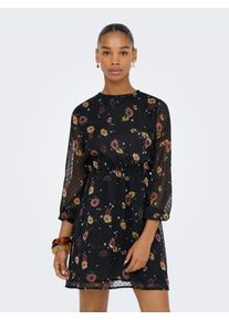 Druckkleid Only "ONLELIZA LIFE LS O-NECK DRESS WVN", Damen, Gr. S, N-Gr, schwarz aop:flower nights, Web, Obermaterial: 100% Polyester, bedruckt, regular fit kurz, Rundhals, gesmokt, Kleider Druckkleid, Sommerkleid