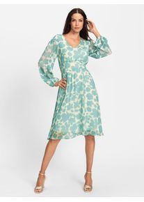 Druckkleid Heine "Druck-Kleid", Damen, Gr. 46, Normalgr&ouml;&szlig;en, beige (champagner, mint, bedruckt), 100% Polyester, bedruckt, gebl&uuml;mt, gemustert, knielang, V-Ausschnitt, Kleider Druckkleid