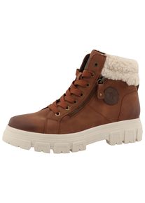 Winterboots Tom Tailor, Damen, Gr. 38, braun (cognacfarben), Lederimitat, Textil, used, Schuhe Winterboots, Plateauboots, Winterboots mit Kunstfellkragen