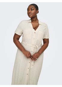 Blusenkleid Only CARMAKOMA "CARSIESTA SS LIN BL SHIRT DRESS PNT NOOS", Damen, Gr. 44, N-Gr, moonbeam, Web, Obermaterial: 80% Viskose, 20% Leinen, unifarben, regular fit lang, V-Ausschnitt, Kleider Blusenkleid
