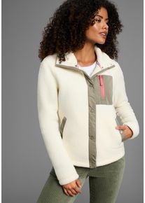 Fleecejacke Kangaroos, Damen, Gr. 48, beige khaki, Fleece, Obermaterial: 100% Polyester. &Auml;rmelfutter: 100% Polyester, kontrastfarbene Details, unifarben mit Farbeinsatz, relaxed fit h&uuml;ftlang, Jacken Fleecejacke, &Uuml;bergangsjacke kurze Fleecejacke Teddy-Fleece Druckkn&ouml;pfen