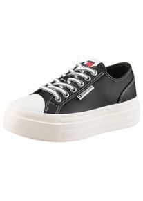 Plateausneaker Tommy Jeans "TJW FOXING VULC LC LEATHER", Damen, Gr. 41, schwarz, Lederimitat, Schuhe Plateausneaker, Freizeitschuh, Halbschuh, Schn&uuml;rschuh, Kontrast-Schn&uuml;rsenkel