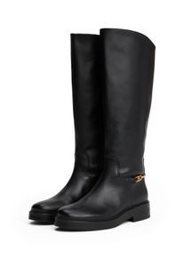 Stiefel Tommy Hilfiger "TH HORSEBIT RIDING LONG BOOT", Damen, Gr. 41, Normalschaft, schwarz, Leder, unifarben, Schuhe Stiefel, Blockabsatz, Langschaftstiefel, goldfarbene Zierkette an der Ferse