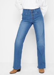 Straight-Jeans bonprix "Straight-Jeans High Waist, Stretch", Damen, Gr. 44, N-Gr, blau (blau denim used), Denim/Jeans, Obermaterial: 82% Baumwolle, 17% Polyester, 1% Elasthan, unifarben, regular fit lang, Jeans Straight-Jeans, Regular Fit, mit Elasthan-Anteil, mit 5-Knopf-Form