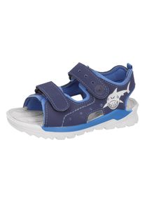 Sandale Ricosta "Surf WMS: mittel", Jungen, Gr. 25, blau (blau mit haimotiv), Lederimitat, Textil, Schuhe Sandale, Klettsandale im Retro-Look, Hai-Motiv, Gr&ouml;&szlig;enschablone zum Download