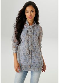 Langarmbluse Aniston SELECTED, Damen, Gr. 36, beige (hellblau, beige, blau, oliv), Chiffon, Obermaterial: 100% Polyester. Futter: 100% Polyester, bedruckt, gebl&uuml;mt, leicht transparent, l&auml;ssig geschnitten h&uuml;ftbedeckend, V-Ausschnitt, 2-Knopf-Manschette, Blusen Langarmbluse, mit Schluppe und minimalen Bl&uuml;mchenmuster