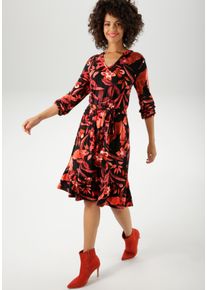 Jerseykleid Aniston CASUAL, Damen, Gr. 46, N-Gr, rot (schwarz, rot, bordeaux, dunkelrot, orange, apricot, ros&eacute;, braun, wollwei&szlig;), Single Jersey, Obermaterial: 95% Viskose, 5% Elasthan, bedruckt, gebl&uuml;mt, figurumspielend knieumspielend, V-Ausschnitt, elastischer Bund mit Gummizug, Kleider Jerseykleid, mit gro&szlig;fl&auml;chigen Bl&uuml;ten und Bl&auml;ttern bedruckt