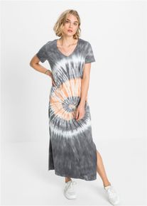 Shirtkleid bonprix "Shirtkleid aus reiner Baumwolle", Damen, Gr. 56/58 (XXXL), N-Gr, grau (rauchgrau, orange, wei&szlig; bedruckt), Obermaterial: 100% Baumwolle, bequem, Kleider Shirtkleid, f&uuml;r warme Tage, aus Baumwolle, mit V-Ausschnitt, mit Kurzarm-Design