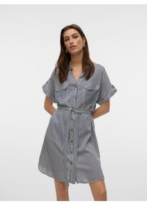 V&eacute;ro Moda Hemdblusenkleid VERO MODA "VMBUMPY SS SHORT SHIRT DRESS WVN GA NOOS", Damen, Gr. XS, N-Gr, wei&szlig; (india ink stripes:snow wei&szlig;), Web, Obermaterial: 100% Viskose, gestreift, regular fit kurz, V-Ausschnitt, Kleider Hemdblusenkleid, Viskose, loose fit