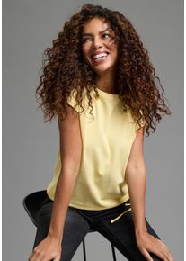 T-Shirt Flashlights, Damen, Gr. 44/46, hellgelb, Single Jersey, Obermaterial: 95% Baumwolle, 5% Elasthan, Strukturmuster, figurumspielend h&uuml;ftlang, U-Boot-Ausschnitt, angeschnitten Aufschlag, Shirts T-Shirt, aus Struktur-Jersey mit Tunnelzug, Topseller