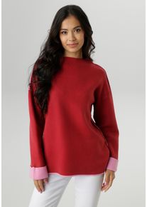 Strickpullover Aniston SELECTED, Damen, Gr. 42, bunt (bordeaux, rosa), Feinstrick, Obermaterial: 100% Polyacryl, unifarben mit Farbeins&auml;tzen, oversize h&uuml;ftbedeckend, U-Boot-Ausschnitt, Umschlagsaum kontrastfarben, Pullover Strickpullover, mit rosafarbenen Zierkanten