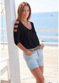 3/4-Arm-Shirt Lascana, Damen, Gr. 32/34, schwarz, Jersey, Obermaterial: 95% Viskose, 5% Elasthan, unifarben, figurumspielend h&uuml;ftlang, V-Ausschnitt, mit Cut Outs, Shirts 3/4-Arm-Shirt, mit Cut-outs, raffiniertes Longsleeve, schulterfrei, Topseller