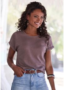 Kurzarmshirt Vivance "aus weicher Piqu&eacute;-Qualit&auml;t", Damen, Gr. 36/38, grau (taupe), Piqu&eacute;, Obermaterial: 69% Polyester (REPREVE), 28% Viskose, 3% Elasthan, Waffelmuster, unifarben, l&auml;ssig geschnitten normal, Rundhals, mit Umschlag, Shirts Kurzarmshirt