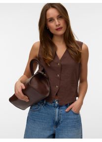 V&eacute;ro Moda Kurzweste VERO MODA "VMCAIA SL VEST WVN NOOS", Damen, Gr. XS, chocolate martini, Web, Obermaterial: 90% Baumwolle, 10% Leinen, unifarben, normal, V-Ausschnitt, Westen Kurzweste, Baumwolle mit Leinen, figurbetonte Form