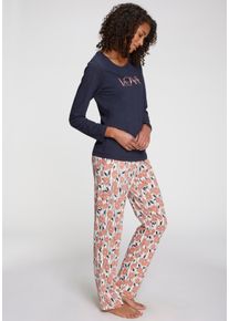Pyjama Vivance Dreams, Damen, Gr. 48/50, dunkelblau, orange, gebl&uuml;mt, Single Jersey, Obermaterial: 50% Baumwolle, 50% Viskose, Basic lang, Rundhals, Homewear-Sets Pyjama, mit sch&ouml;nem Frontprint
